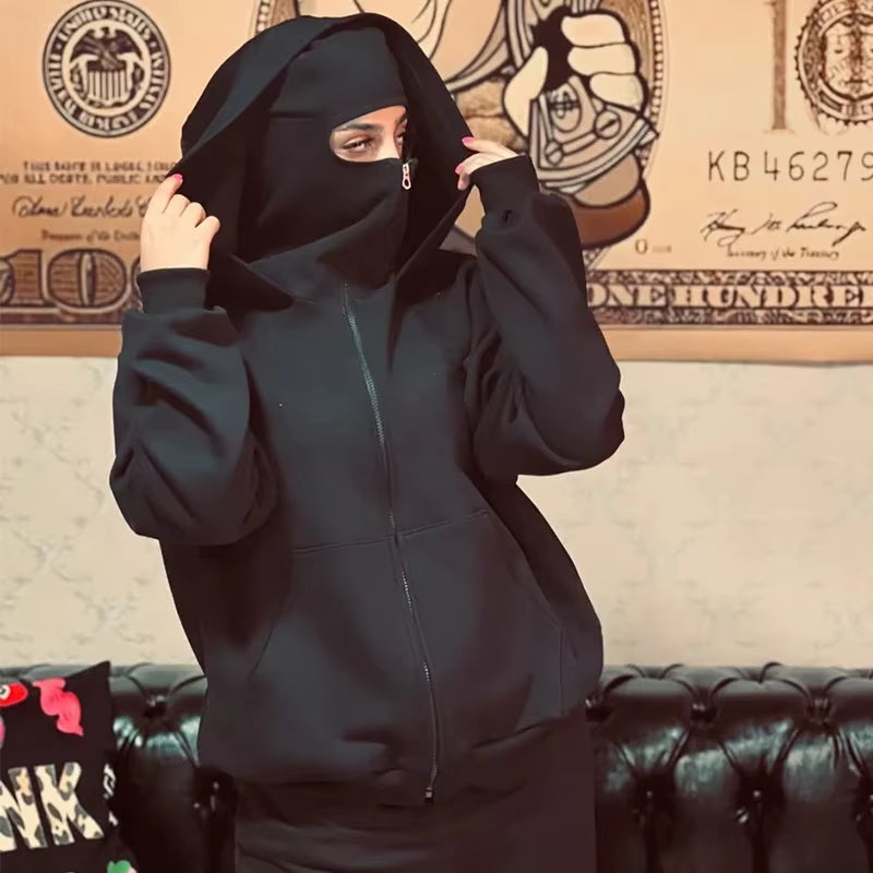 Unisex Double Hooded Balaclava Sweatshirt - Y2K Gothic Harajuku Style for Autumn and Winter Sportswear