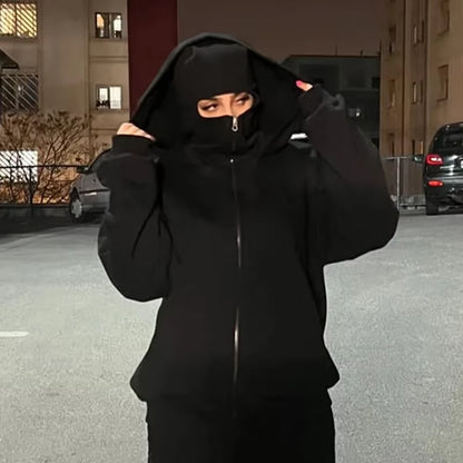 Unisex Double Hooded Balaclava Sweatshirt - Y2K Gothic Harajuku Style for Autumn and Winter Sportswear
